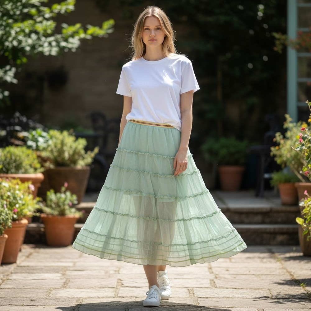 Sugar Flower Mint Green Tiered Ruffle Maxi Skirt Boho Crinkle Lined Large